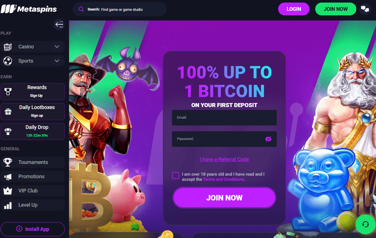 Metaspins Litecoin casino homepage